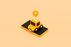 coche de taxi en el teléfono inteligente con alerta de notificación de campana emergente de recordatorio y mensaje de chat de burbuja para el concepto de servicio de transporte en línea banner web icono de dibujos animados o fondo de símbolo ilustración 3d foto