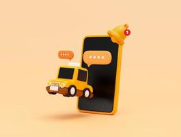 Taxi car on smartphone with reminder popup bell notification alert and bubble chat message for online transportation service concept web banner cartoon icon or symbol background 3D illustration photo