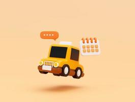 Taxi car with bubble chat message and calendar for online transportation service concept web banner cartoon icon or symbol background 3D illustration photo