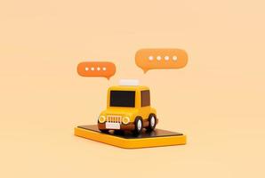 coche de taxi en el teléfono inteligente con mensaje de chat de burbujas para el concepto de servicio de transporte en línea banner web icono de dibujos animados o fondo de símbolo ilustración 3d foto