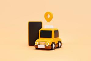 Taxi car with Pin pointer mark location and smartphone for online transportation service concept web banner cartoon icon or symbol background 3D illustration photo