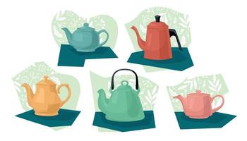 Kettle. A set of teapots of various shapes and purposes. Vector image.