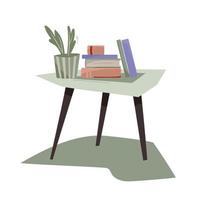 The books on the table. Flower in a pot on the table. Vector image.