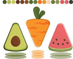 tres ilustraciones de frutas triangulares, aguacate, zanahoria, caricatura de fresa dan. vector