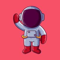 lindo astronauta de pie agitando la mano ilustración vectorial de dibujos animados. icono de estilo de dibujos animados o vector de carácter de mascota.