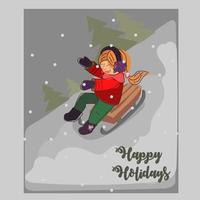 Merry Christmas. Postcards with children who are enjoying the Christmas holidays in snowy weather with a winter landscape. Children have fun and play with the snow and in the snow. vector