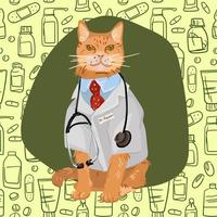 A cat in a veterinarian costume on a background of a green pattern with pills. A veterinarian named Dr. Meow treats all animals. Illustration for a postcard, banner, flyer. vector