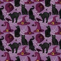 patrones sin fisuras gatos negros y sombreros en una web. fondo morado para halloween. papel de envolver, telas de moda, estampados, patrones. vector