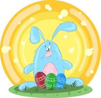 Easter Bunny with Eggs on the Grass. The background is colored, with highlights. Vector illustration