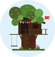 árbol con una casa en el árbol, banderas, columpios, vector