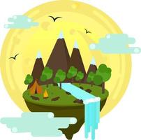 elementos de vector de paisaje de dibujos animados con montañas, colinas, árboles tropicales y edificios. ilustración de la naturaleza de la colina y la montaña