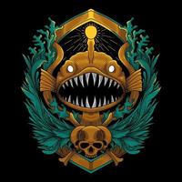Anglerfish with coral and skull ornament engraving style vector illustration