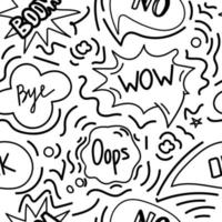 A seamless pattern of speech bubbles with hand-drawn doodle-style dialog words. Boom, Oops, No, Okay, Wow. Close-up. Vector illustration