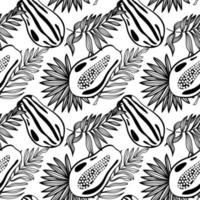 Seamless pattern of papaya and tropical leaves, hand-drawn doodle elements in a black and white palette. Whole papaya and core. Palm leaves. Image of summer fruits vector