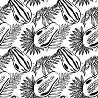 Seamless pattern of papaya and tropical leaves, hand-drawn doodle elements in a black and white palette. Whole papaya and core. Palm leaves. Image of summer fruits vector