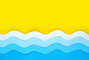 Seashore made of color paper. Yellow beach sand background with copy space and paper cut blue waves at the bottom. Summer sea holidays concept. Relaxation and fun on vacation. photo