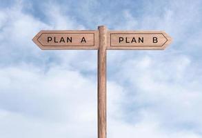 Plan A or plan B concept. Signpost with two messages on opposite way and sky background photo
