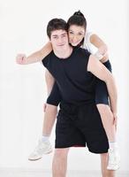 happy young couple fitness workout and fun photo