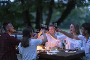 friends toasting red wine glass while having picnic french dinner party outdoor photo