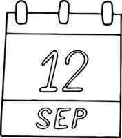 calendar hand drawn in doodle style. September 12. International Crochet Day, World First Aid, date. icon, sticker element for design. planning, business holiday vector