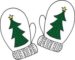 mitones con árbol de navidad. icono de garabato dibujado a mano. , escandinavo, nórdico, minimalismo. ropa de invierno cálido par de punto dos vector