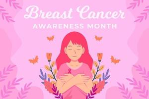 breast cancer awareness month illustration background with women, plants, and butterfly