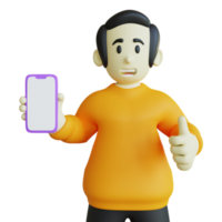 personnage 3d stylisé tenant un téléphone portable avec le pouce levé png