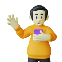 personagem 3d estilizado chocado com seu telefone png