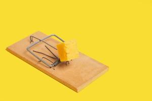 Loaded mousetrap with a piece cheese on a yellow background.