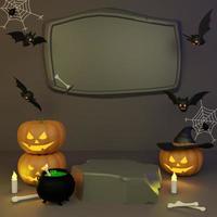 display product podium for social media post, helloween day celebration theme concept with monster pumpkin, bat, spider web, cauldron and witch hat photo