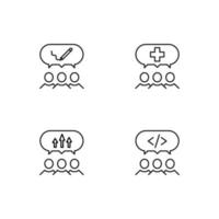 Monochrome elements perfect for adverts, stores, design etc. Editable stroke. Vector line icon set with symbols of pencil, cross, arrow, coding inside of speech bubble by users