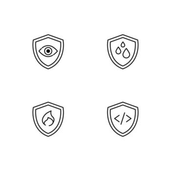 Monochrome elements perfect for adverts, stores, design etc. Editable stroke. Vector line icon set with symbols of eye, drops, fire, coding inside of shield