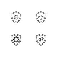 Monochrome elements perfect for adverts, stores, design etc. Editable stroke. Vector line icon set with symbols of globe, medical cross, sun, chemical compound inside of shield