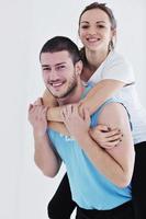 happy young couple fitness workout and fun photo