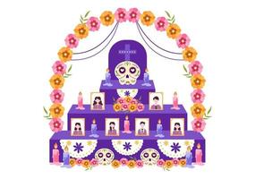 dia de los muertos o plantilla del día de los muertos dibujado a mano dibujos animados ilustración plana festival festivo mexicano con calaveras tatuadas, maracas y sombrero vector