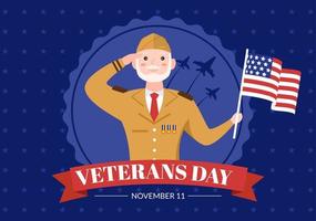 día de los veteranos el 11 de noviembre plantilla dibujada a mano ilustración plana de dibujos animados con bandera de estados unidos y ejército para honrar a todos los que sirvieron vector