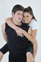 happy young couple fitness workout and fun photo