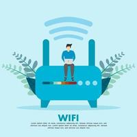 Wi-Fi concept illustration. wireless area, free wifi, person using wifi for his laptop. Can be used for, landing page, template, ui, web, mobile app, banner