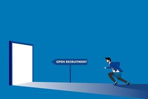 open recruitment concept, illustration of job vacancies with men running towards the door to conduct interviews. This design is suitable for banners, posters and backgrounds. vector