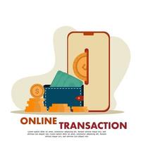 online payment transaction concept. Internet payment, money transfer protection, online bank. Screen gadgets, dollar bills and coins, wallets, checks. Use for banners, mobile apps, landing pages. vector