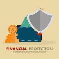 Money protection concept. Safe and secure investment, insurance. Vector illustration of flat design style. shield to protect gold coins, savings.