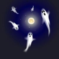 helloween fantasmas volando bajo la luna llena en la noche. ilustración vectorial diseño gráfico. vector