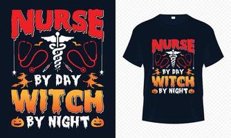 enfermera de día bruja de noche - plantilla de vector de diseño de camiseta de halloween feliz. diseño de camiseta de enfermera para el día de halloween. diseño vectorial imprimible de halloween de araña, murciélago, estetoscopio y caduceo.
