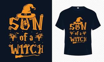 Son of a Witch - Happy Halloween t-shirt design vector template. Witch son t shirt design for Halloween day. Printable Halloween vector design of hat, witch, bat and broomstick.