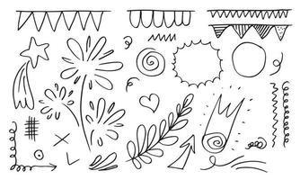 hand drawn set element,black on white background.arrow,leaves,star,speech bubble,heart,light,king,emphasis,swirl,flags,for concept design. vector