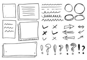 Doodle vector lines and curves.Hand drawn check and arrows signs. Set of simple doodle lines, curves, frames and spots. Collection of pencil effects. Doodle border. Simple doodle set.