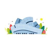 Vector illustration of International Museum Day. The building in the classical style on the background of colorful leaves