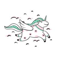 Cartoon unicorn flying in the clouds vector