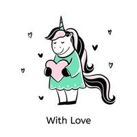 niña unicornio con corazón rosa en sus manos vector