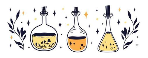 Set of bottles with potion and poison. Witchcraft and Magic Illustrations. vector